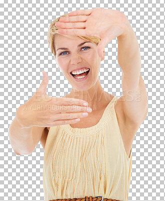 Selfie, hands and portrait of happy woman with profile picture on isolated, transparent or png background. Face, smile and female model with finger frame for social media, blog or podcast photography