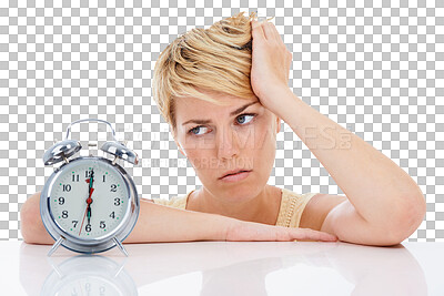 Buy stock photo Clock, alarm and face of woman annoyed with bad time management, schedule or problem on desk table. Crisis, watch or tired person frustrated with wake up noise isolated on transparent, png background