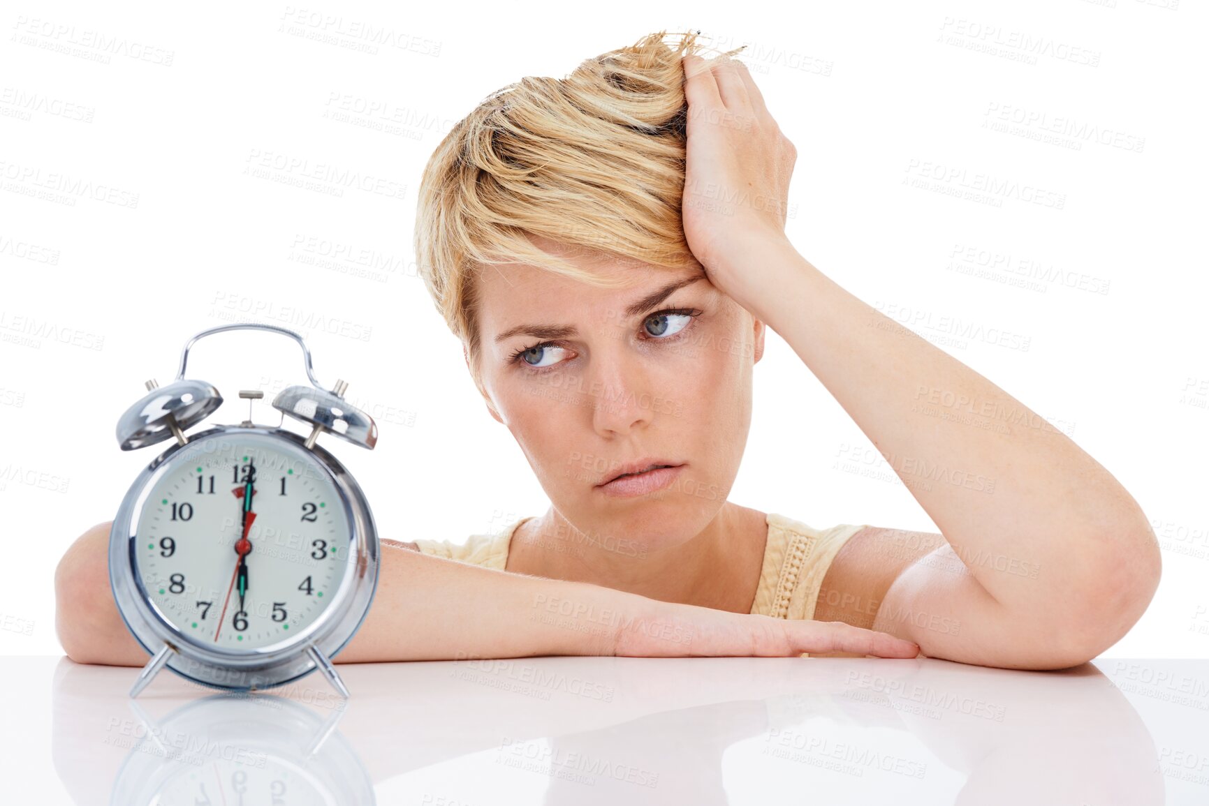 Buy stock photo Clock, alarm and face of woman annoyed with bad time management, schedule or problem on desk table. Crisis, watch or tired person frustrated with wake up noise isolated on transparent, png background