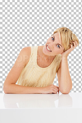 Buy stock photo Portrait, fashion and woman at table, smile and isolated on a transparent png background. Happy, young and blonde person at desk in stylish casual clothes, trendy jeans and beauty in Switzerland.