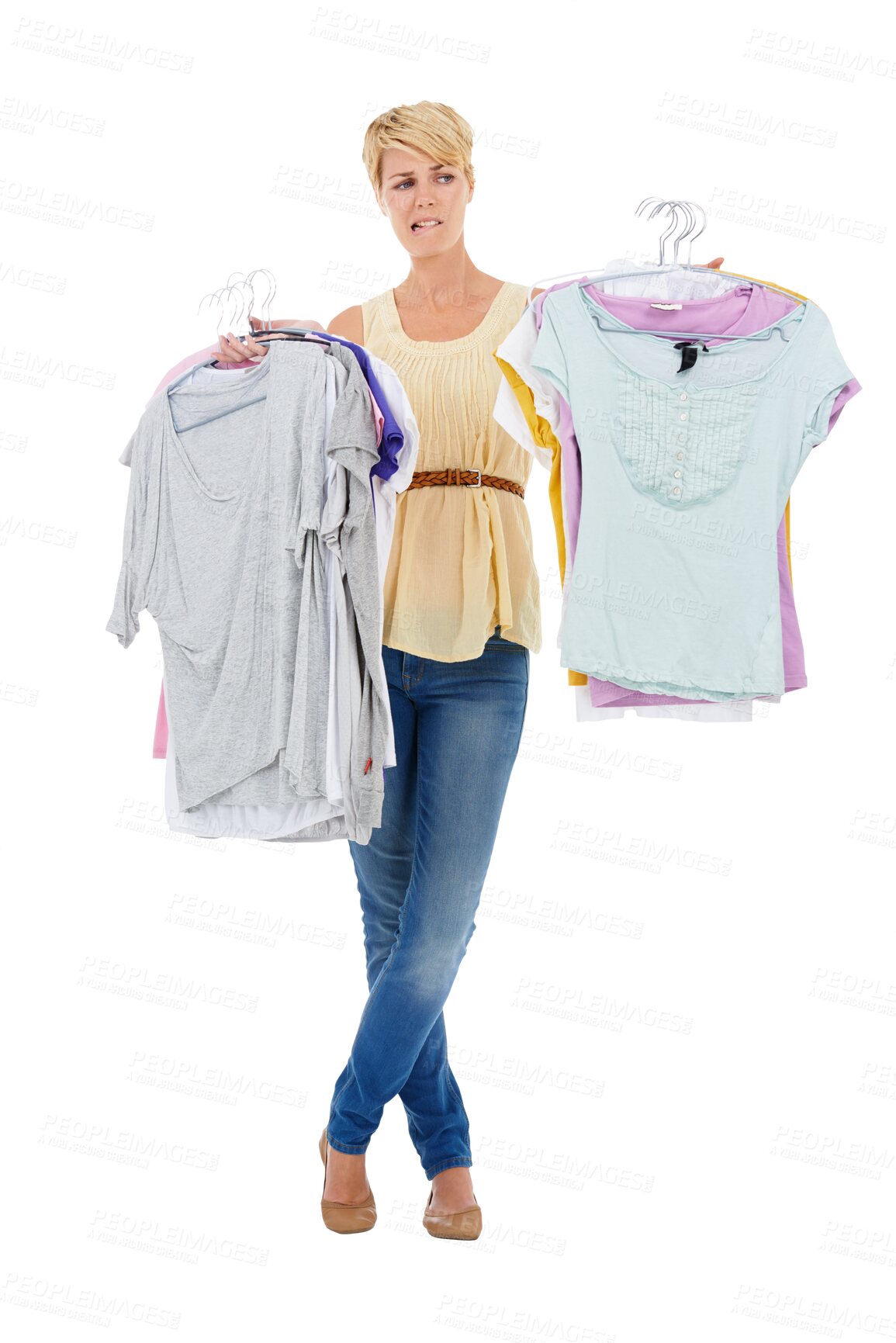 Buy stock photo Confused woman, fashion and clothing selection in choice or decision isolated on a transparent PNG background. Unsure female person or model holding shirts and thinking for style, pick or choosing