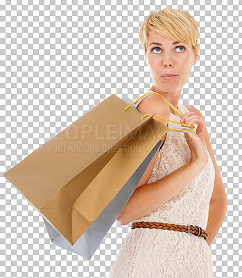 Buy stock photo Woman, thinking and shopping bag for choice, decision or discount isolated on a transparent PNG background. Female person or shopper with gifts or paper bags in wonder or thought for deal selection