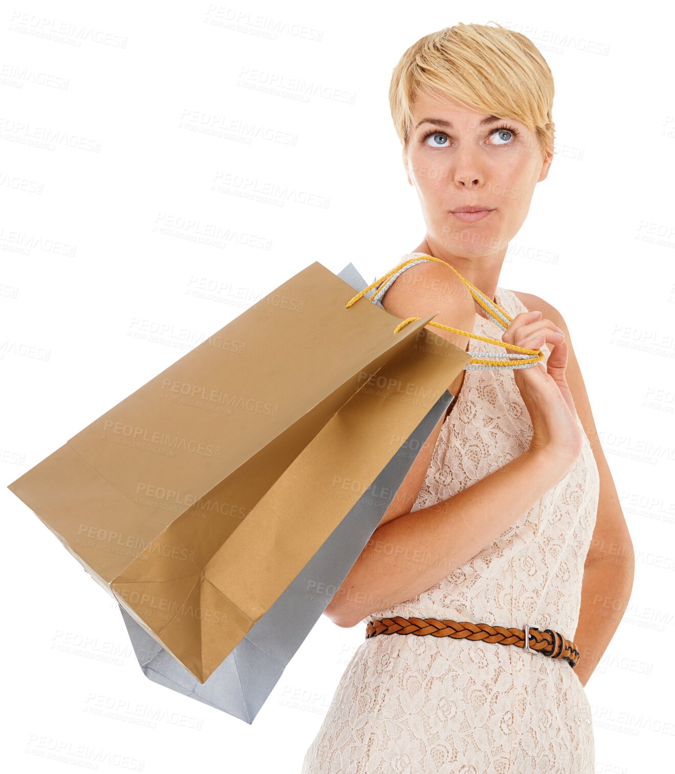 Buy stock photo Woman, thinking and shopping bag for choice, decision or discount isolated on a transparent PNG background. Female person or shopper with gifts or paper bags in wonder or thought for deal selection