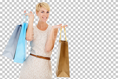 Buy stock photo Happy woman, portrait and shopping bag for discount, sale and retail giveaway in commerce or fashion. Young customer or excited person with gift, luxury or deal isolated on transparent png background