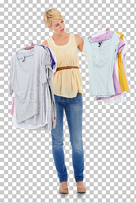 Woman, fashion and clothing selection in choice or decision isolated on a transparent PNG background. Unsure female person or model holding shirts and thinking for style, pick or choosing outfit