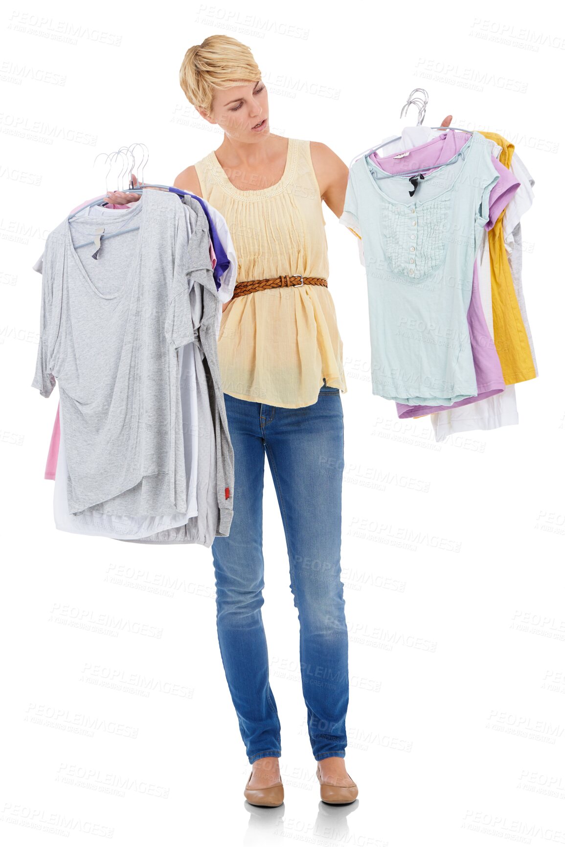 Buy stock photo Woman, fashion and clothing selection in choice or decision isolated on a transparent PNG background. Unsure female person or model holding shirts and thinking for style, pick or choosing outfit