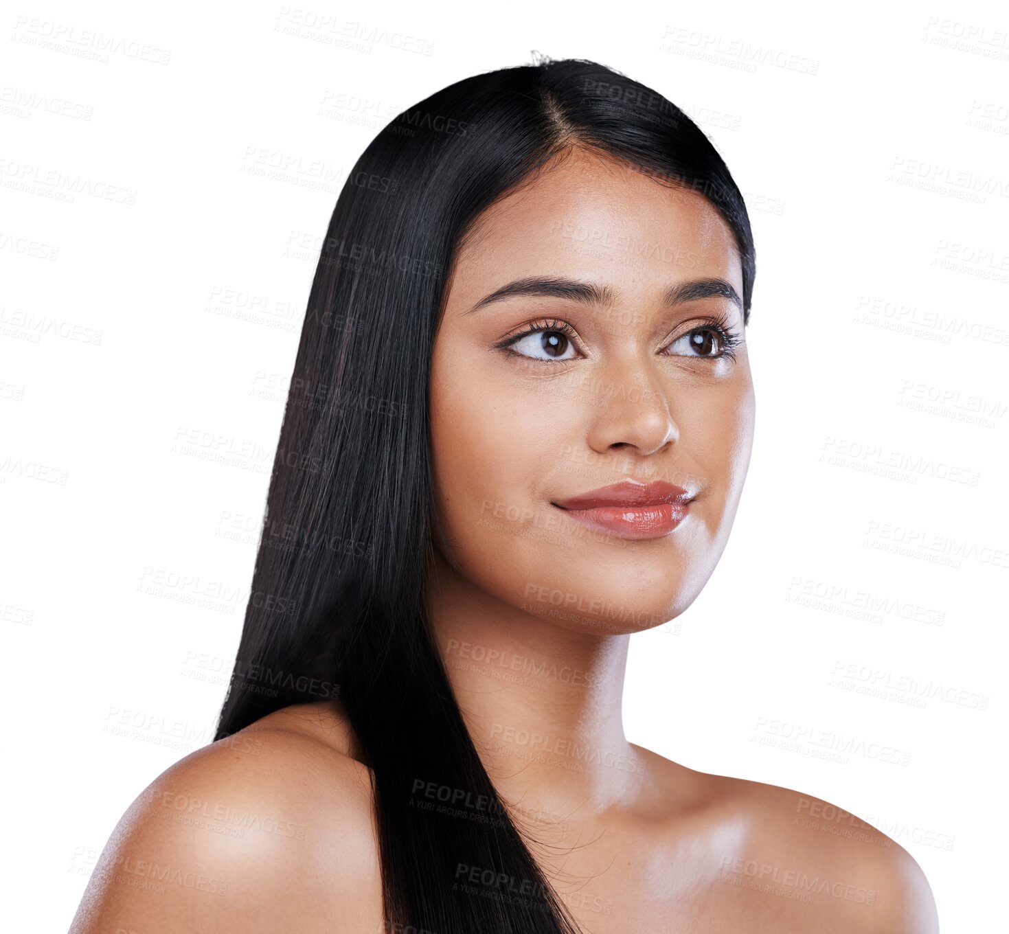 Buy stock photo Haircare, beauty and face of woman with long hair, smile or salon treatment isolated on a transparent PNG background. Attractive, young and happy female person or model with straight haircut or style