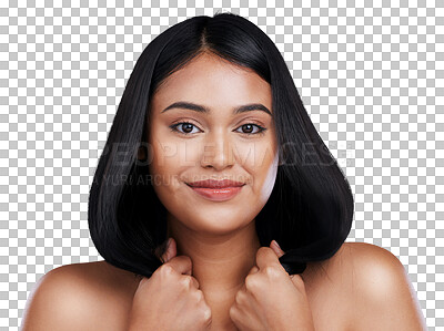 Buy stock photo Haircare, portrait and woman holding hair in hands, smile or keratin isolated on a transparent PNG background. Face of happy female person or model in beauty, haircut or strong salon treatment