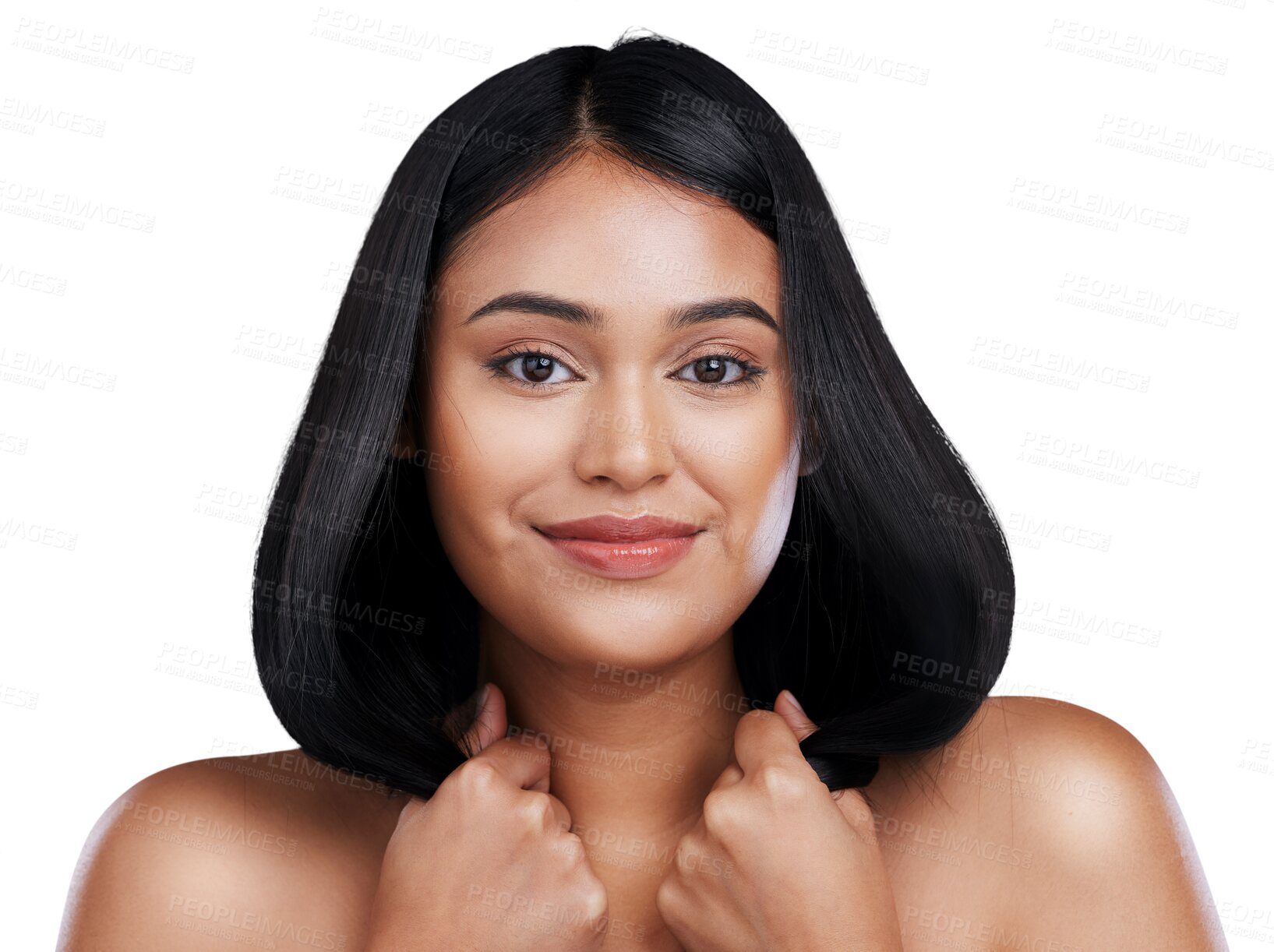 Buy stock photo Haircare, portrait and woman holding hair in hands, smile or keratin isolated on a transparent PNG background. Face of happy female person or model in beauty, haircut or strong salon treatment