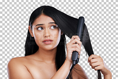 Hair, concern and woman with straightener, mockup and luxury sal