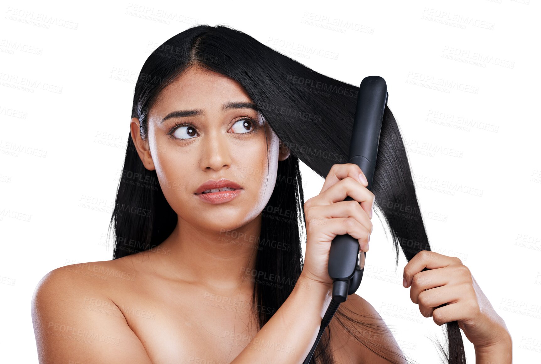 Buy stock photo Hair, concern and woman with straightener in salon treatment isolated on a transparent PNG background. Face of female person or model with flat iron for straight long hairstyle, Brazilian or beauty