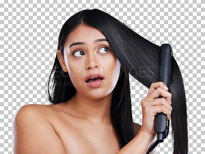 Haircare, flat iron and silly face of woman with long hair, heat