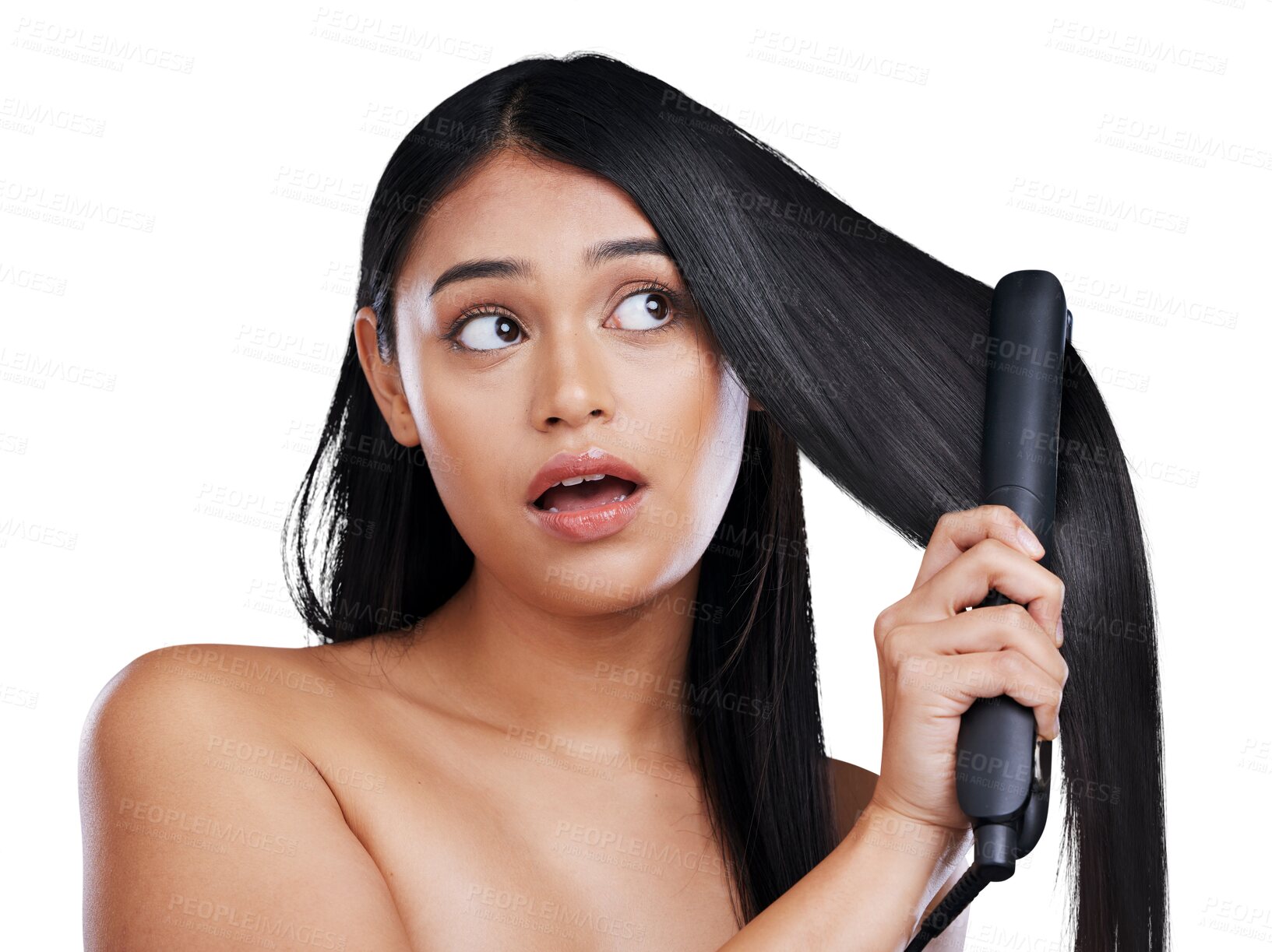 Buy stock photo Hair, flat iron and face of woman with treatment, heat and luxury salon on png or transparent background. Beauty, straightener and isolated person with hairstyle for growth, healthy texture and shine