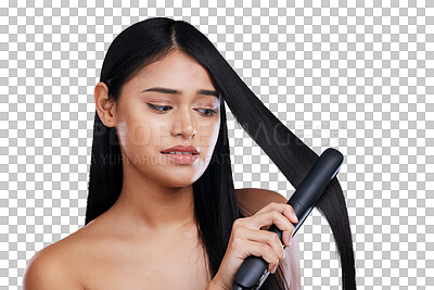 Hair, stress and woman with electric straighter for straight hai