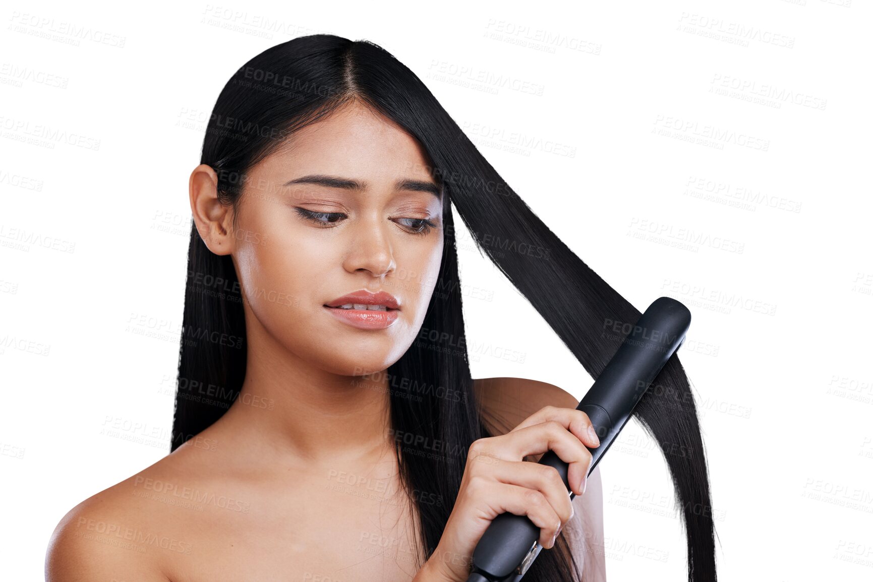 Buy stock photo Hair, worry and unhappy woman with straightener for straight hairstyle isolated on a transparent PNG background. Face of female person or model with flat iron for salon treatment, beauty or Brazilian