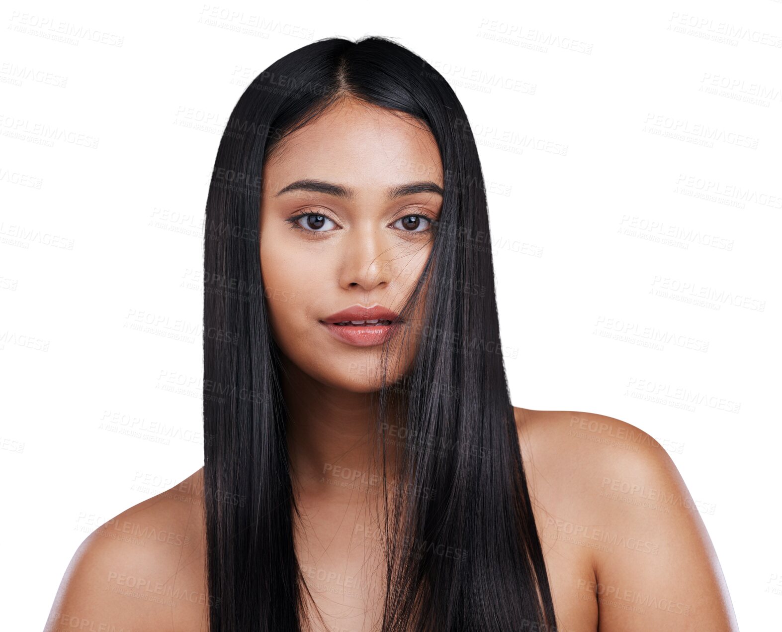 Buy stock photo Beauty, hair and portrait of woman with shampoo results on isolated, transparent or png background. Haircare, texture and face of Indian female model with luxury volume, growth and keratin shine