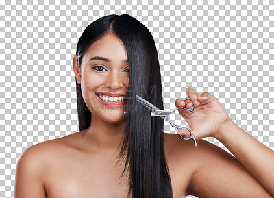 Hair, smile and portrait of happy woman with scissors on long ha