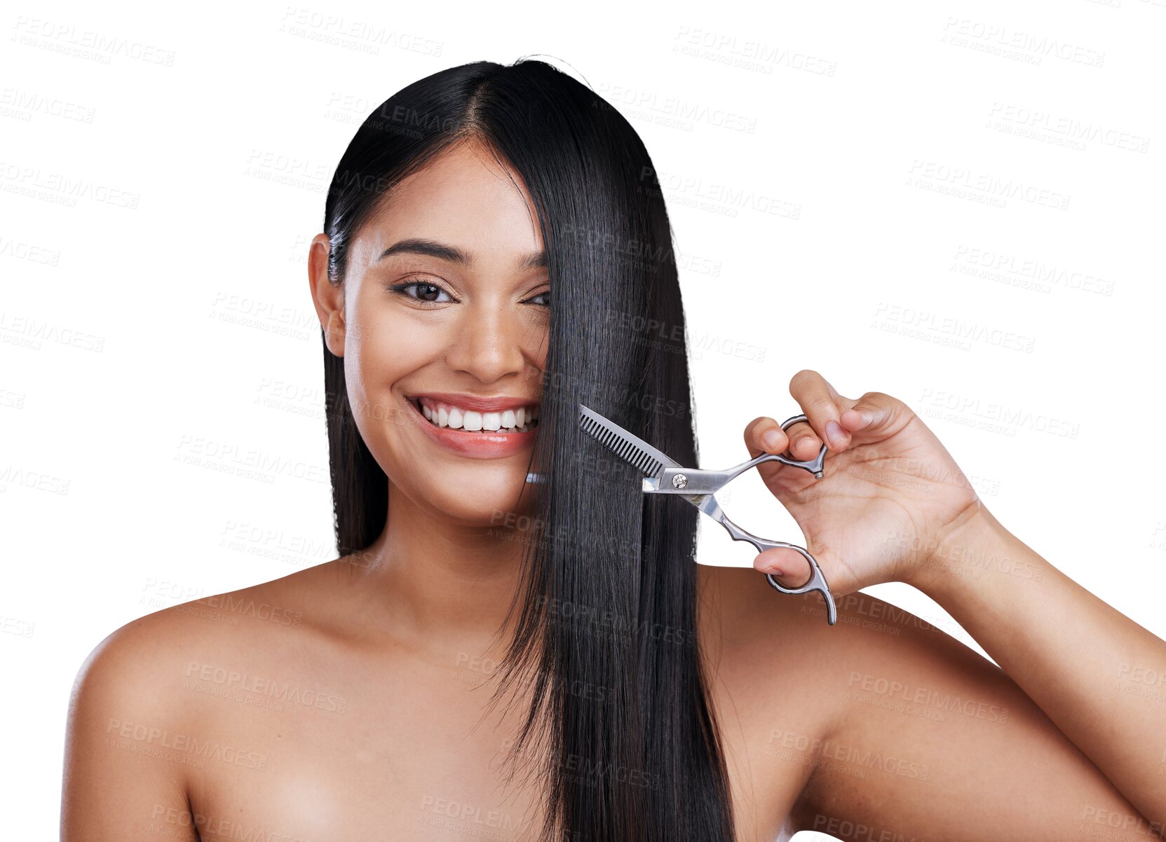 Buy stock photo Hair, smile and portrait of happy woman with scissors on long hairstyle isolated on a transparent PNG background. Face of female person, model or haircut for grooming, trim or beauty salon treatment