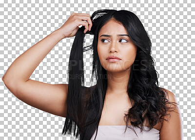 Hair care, damage and face of woman with long hairstyle, stress