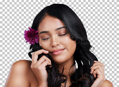 Beauty, relax and woman with flower in hair, natural makeup and
