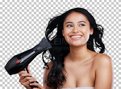 Hair care, beauty and face of happy woman with hairdryer, smile