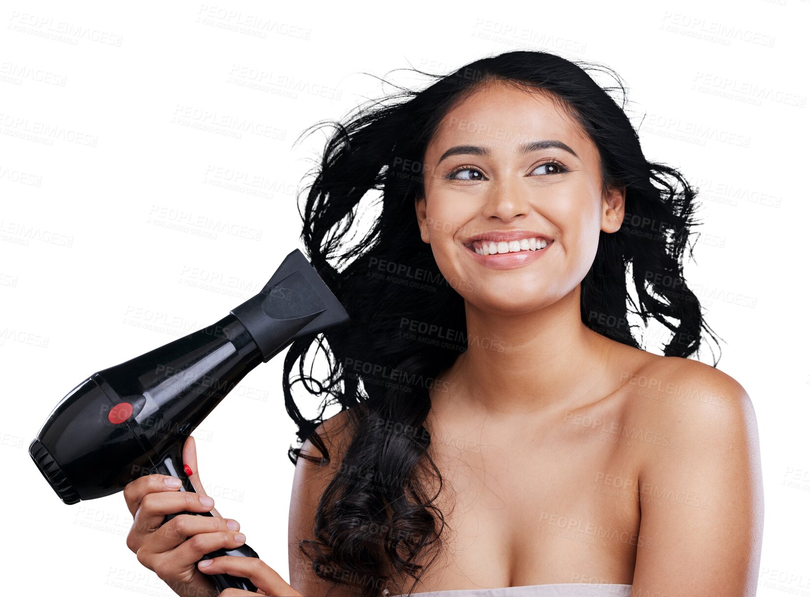 Buy stock photo Hair care, beauty and thinking of woman with hairdryer, styling and luxury salon treatment from Brazil. Style, haircut and female model with hairstyle health isolated on a transparent, png background