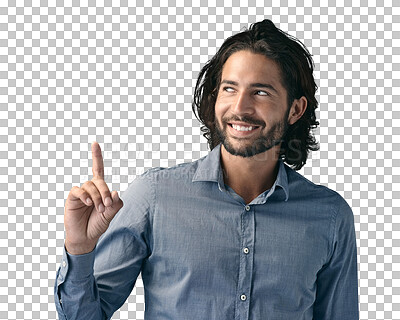 Buy stock photo Thinking, smile and business man with hand pointing to news on isolated, transparent or png background. Questions, conclusion and male entrepreneur show announcement, hiring or sign up promotion info