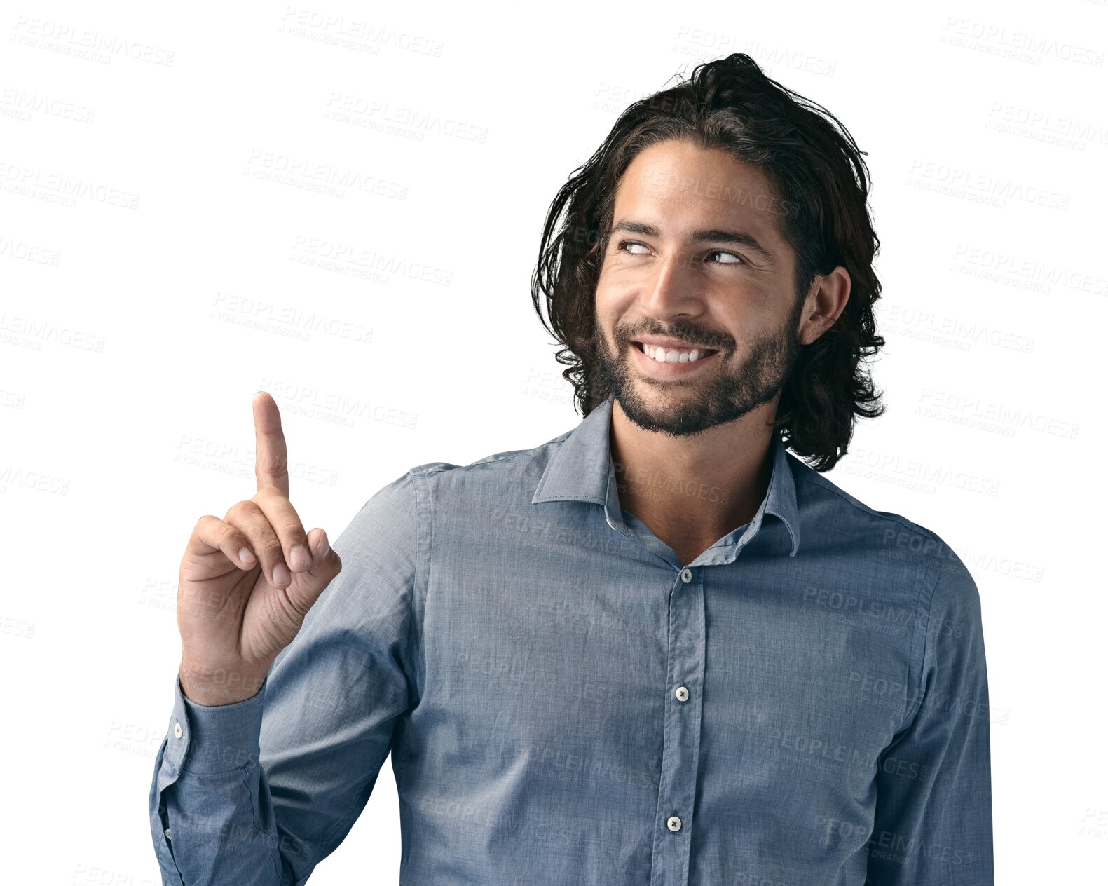 Buy stock photo Thinking, smile and business man with hand pointing to news on isolated, transparent or png background. Questions, conclusion and male entrepreneur show announcement, hiring or sign up promotion info