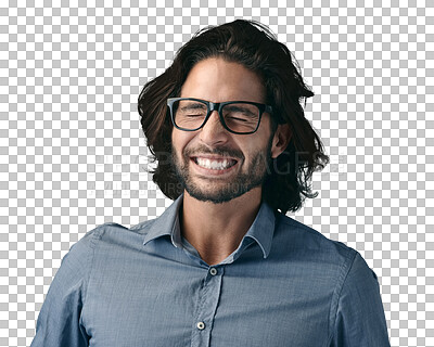 Buy stock photo Happy, face and business man laughing at funny, joke or comic on isolated, transparent or png background. Laughter, positivity or male entrepreneur with reaction to comedy, crazy or good mood emotion