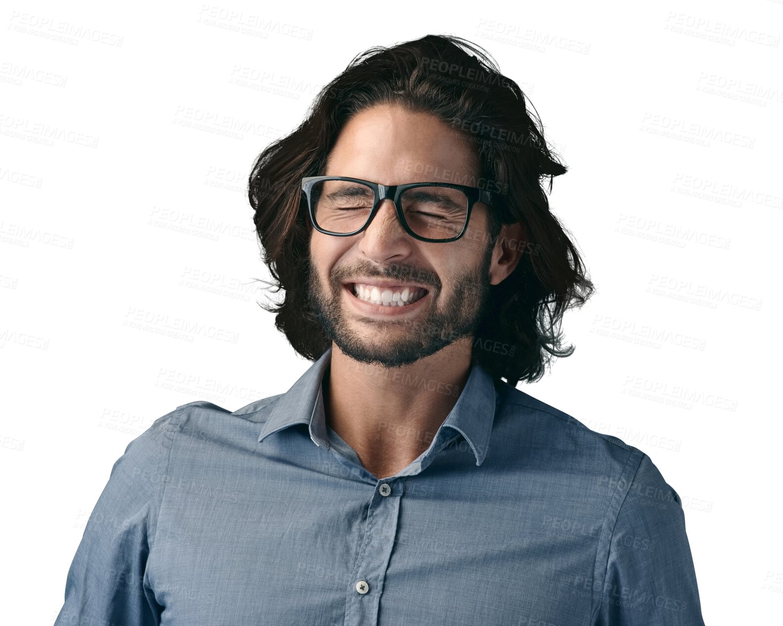 Buy stock photo Happy, face and business man laughing at funny, joke or comic on isolated, transparent or png background. Laughter, positivity or male entrepreneur with reaction to comedy, crazy or good mood emotion