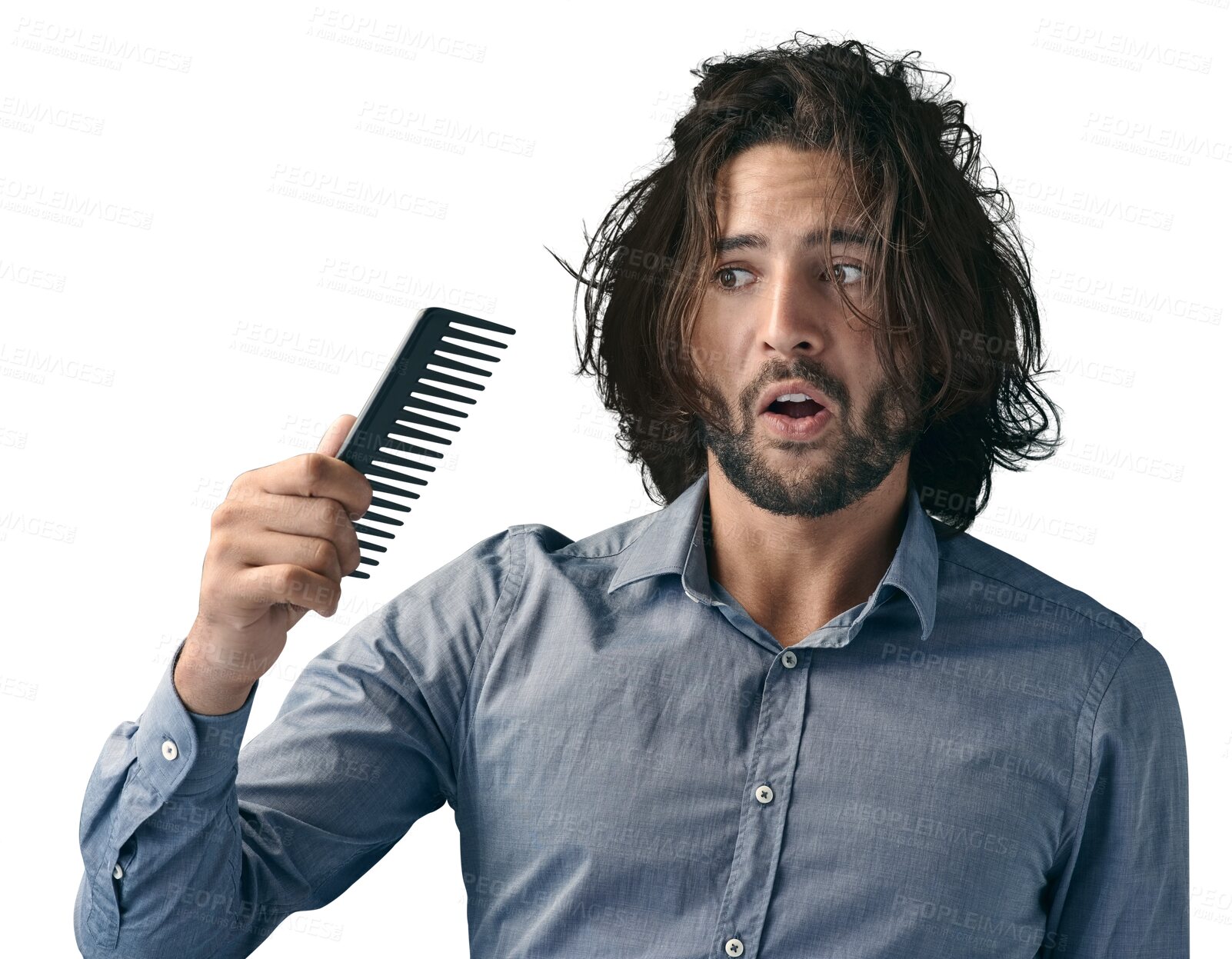 Buy stock photo Comb, man and beauty with hair, shocked and luxury isolated on a transparent background. Person, guy and model with surprise, damage and equipment with wellness, facial and maintenance with png