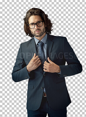 Buy stock photo Business suit, portrait and corporate man, professional developer or real estate agent with pride, style or formal clothes. Job, vocation and serious stylish realtor on transparent, png background