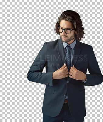 Buy stock photo Suit, business fashion and confident man, professional consultant or real estate agent with pride, style or formal clothes. Job, realtor and fashionable person isolated on transparent, png background