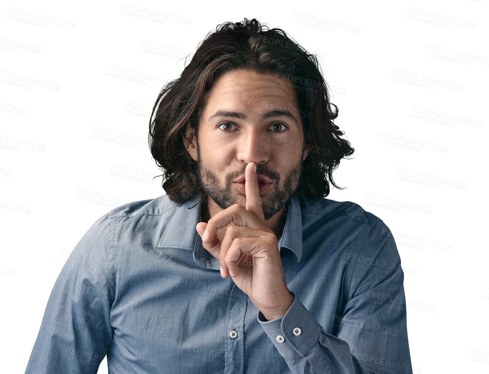 Buy stock photo Whisper, secret and portrait of  man with finger on lips for privacy on isolated, transparent or png background. Gossip, emoji and face of model with hush, drama or news, dont tell or confidential