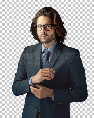 Buy stock photo Business, fashion and portrait of man with glasses, suit or confidence on isolated, transparent or png background. Professional, clothing and face of fashionable entrepreneur with ambitious mindset