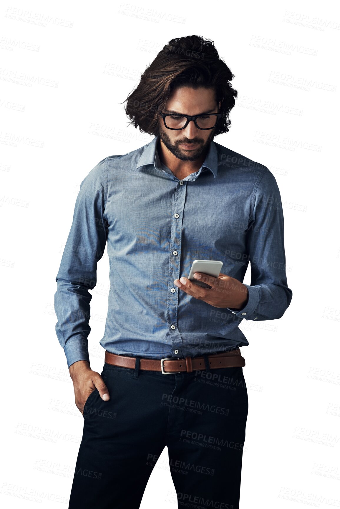 Buy stock photo Phone, search and business man with social media on isolated, transparent and png background. Smartphone, app and male entrepreneur reading online chat, comment or texting, email or communication