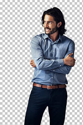 Buy stock photo Fashion, happy and business man with crossed arms on isolated, png and transparent background. Professional style, thinking and person with confidence, pride and excited for career, job and work