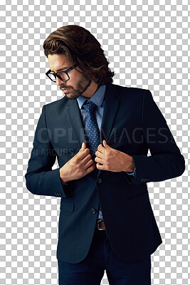 Buy stock photo Fashion, thinking and business man with style on isolated, png and transparent background. Professional clothes, corporate and person with confidence, pride and formal suit for career, job and work