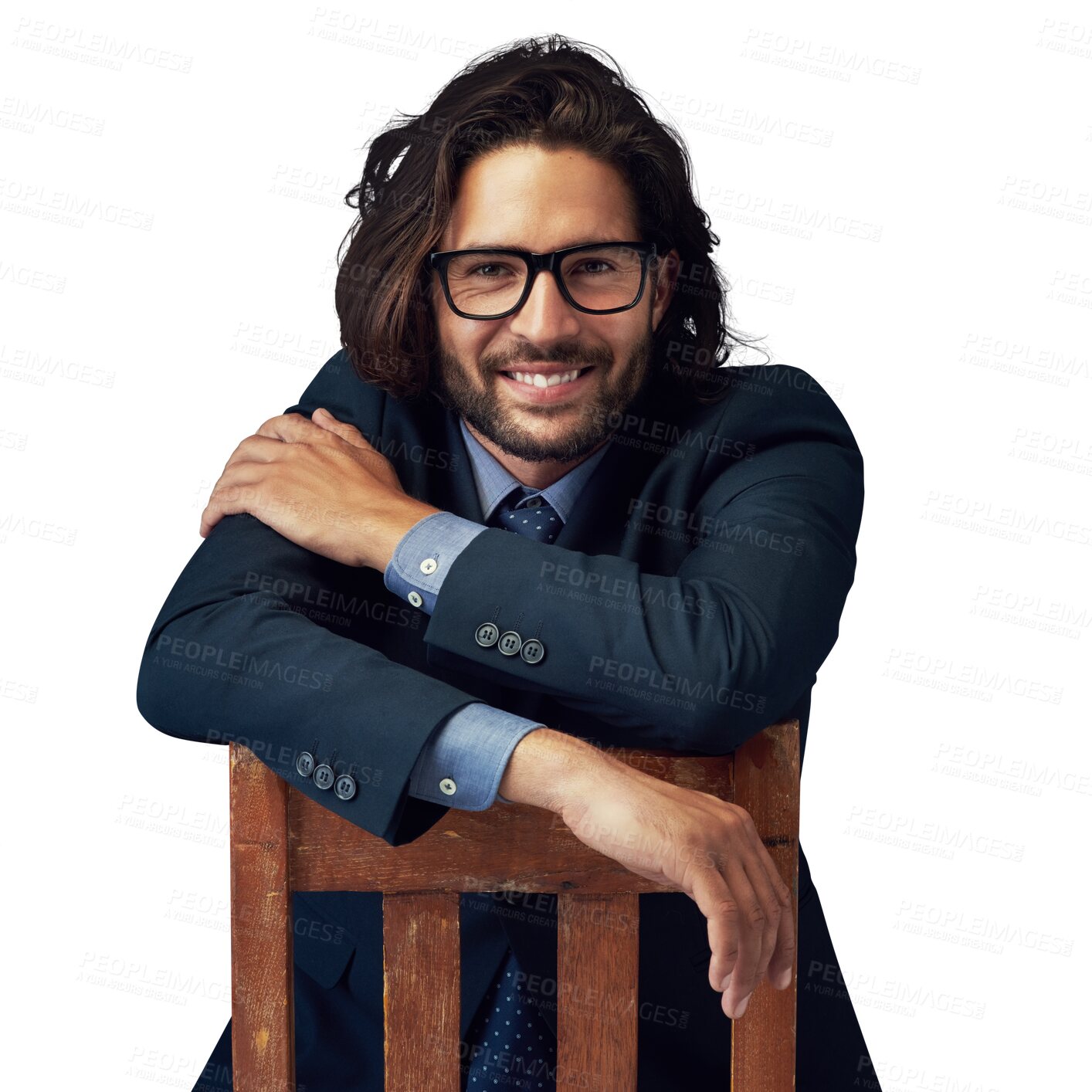 Buy stock photo Portrait, chair and happy business man, professional consultant or real estate agent for property development job. Happiness, realtor smile and sitting person isolated on transparent, png background