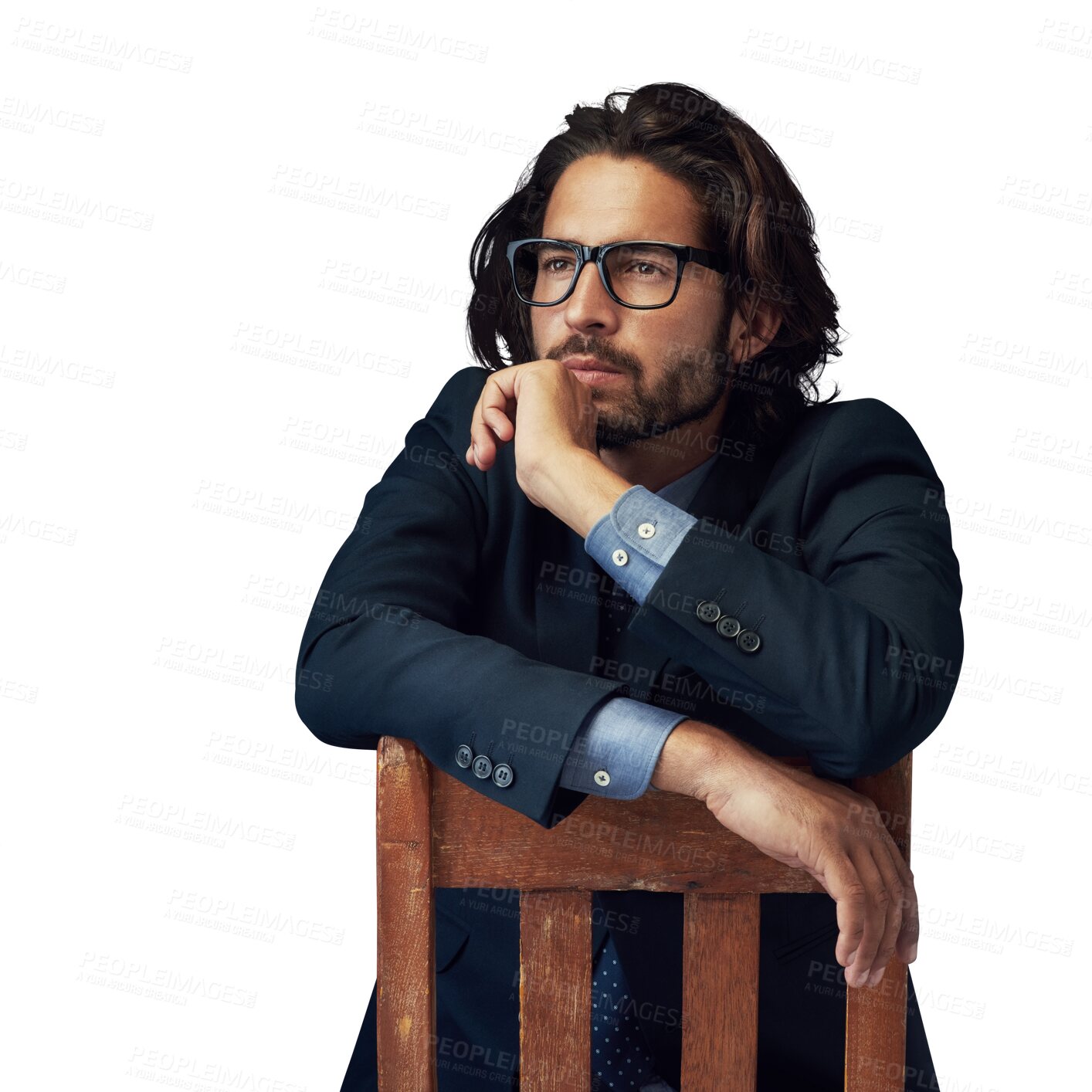 Buy stock photo Thinking, idea and business man on chair on isolated, png and transparent background for job. Professional, corporate and person sitting for problem solving, solution and brainstorming for career