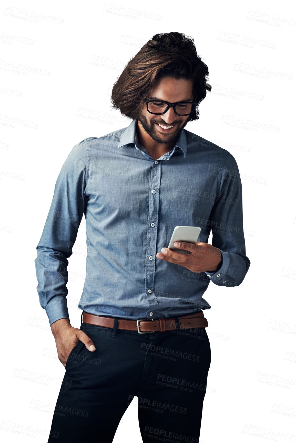 Buy stock photo Phone, search and happy business man with social media on isolated, transparent or png background. Smartphone, app and manager online for text, chat or email, crm or faq, management or communication