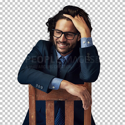 Buy stock photo Thinking, happy and business man on chair on isolated, png and transparent background for ideas. Professional, corporate and person sitting for problem solving, solution and brainstorming for career