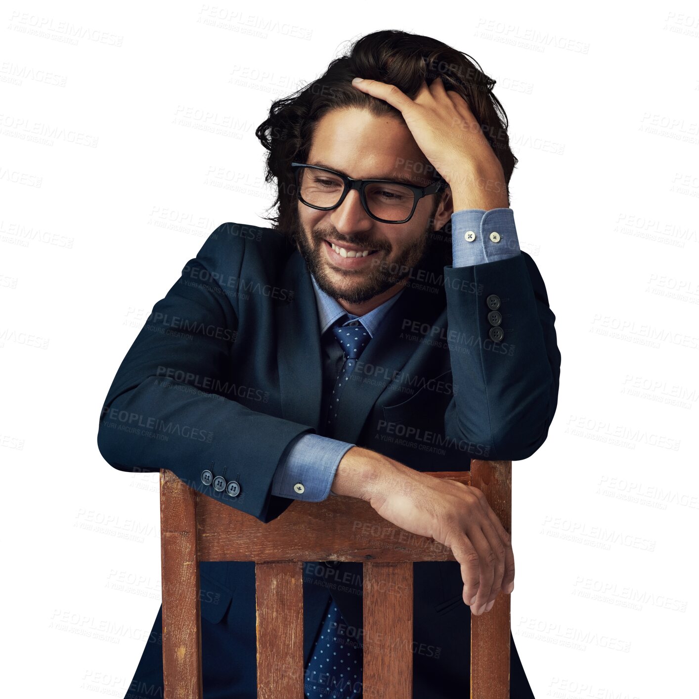 Buy stock photo Thinking, happy and business man on chair on isolated, png and transparent background for ideas. Professional, corporate and person sitting for problem solving, solution and brainstorming for career