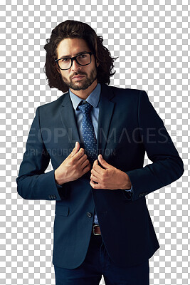 Buy stock photo Portrait, suit and confident business man, professional lawyer or corporate worker for attorney job, vocation or fashion. Career experience, advocate and formal person on transparent, png background