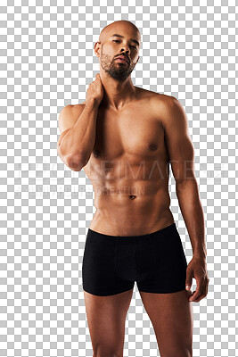 Buy stock photo Underwear portrait, body and man with fitness training, workout performance or exercise results from muscle building. Muscular torso, aesthetic abs and model isolated on a transparent, png background