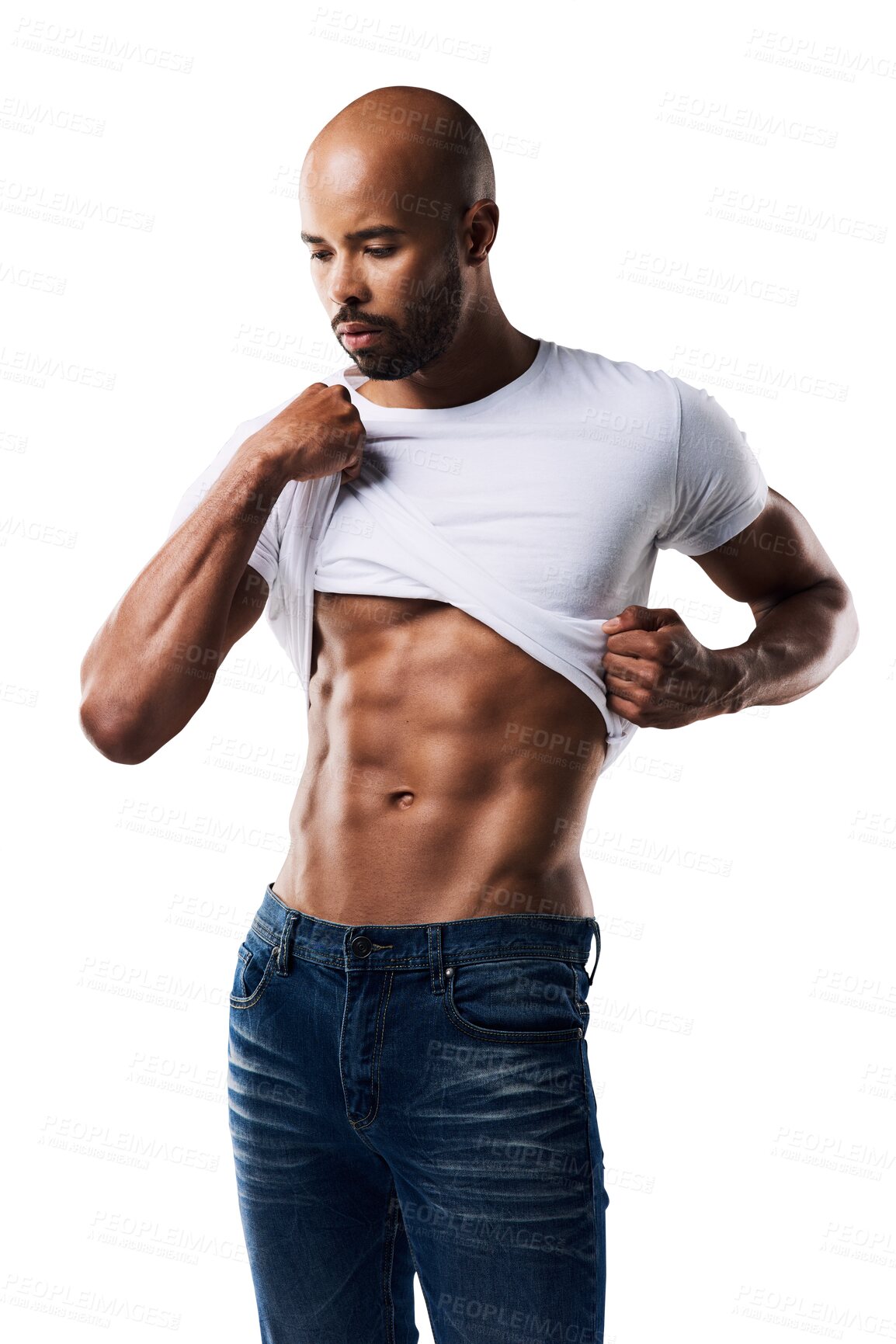 Buy stock photo Fitness, fashion and man with tshirt for abs, muscle or body on isolated, transparent or png background. Wellness, goals or male bodybuilder with sixpack, shirt or removal for exercise health