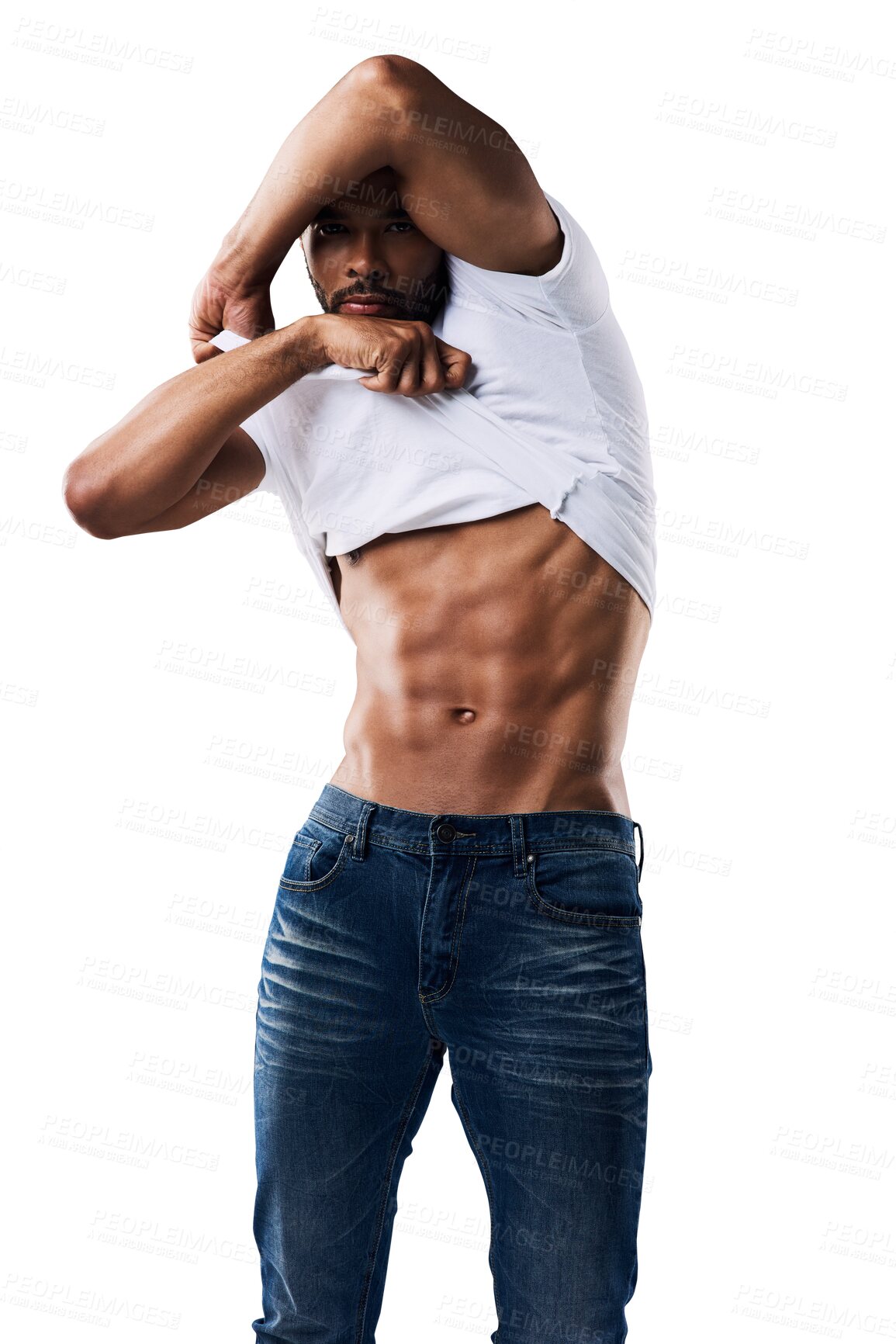 Buy stock photo Body, fashion and man with tshirt for abs, muscle or fitness on isolated, transparent or png background. Wellness, goals or male bodybuilder with sixpack, shirt or removal for exercise health