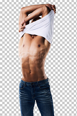 Buy stock photo Fashion, fitness and man take off tshirt for abs, muscle or body on isolated, transparent or png background. Wellness, goals or male bodybuilder with sixpack, shirt or removal for exercise health