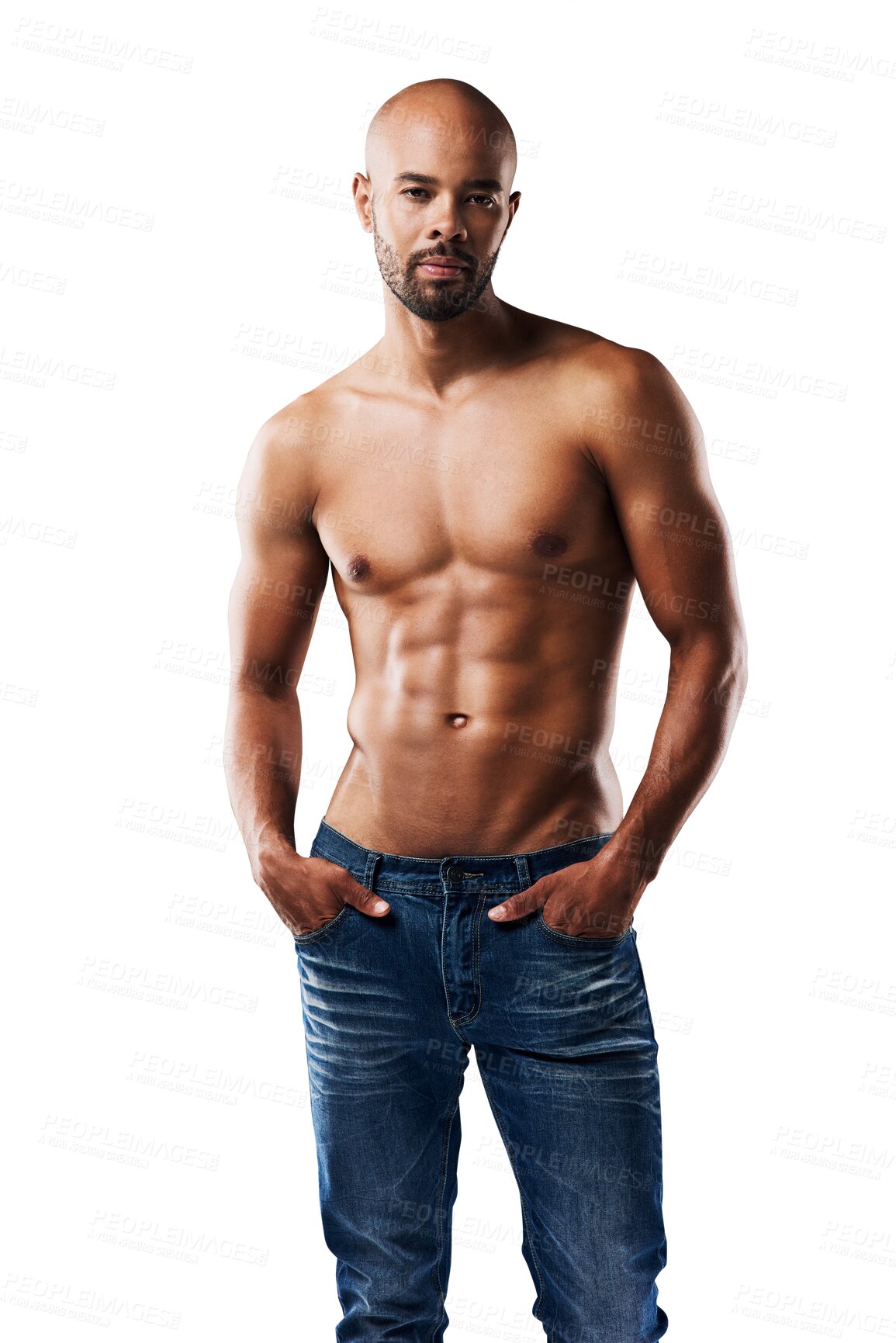 Buy stock photo Fitness, body and portrait of man in jeans on isolated, transparent and png background. Exercise, goals and athletic male model show abs, muscle or bodybuilding results, sixpack or topless aesthetic