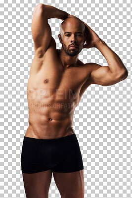 Buy stock photo Strong, muscle and portrait of man in underwear on isolated, png and transparent background. Fitness, wellness and muscular body of person pose for strength, bodybuilder training and confidence